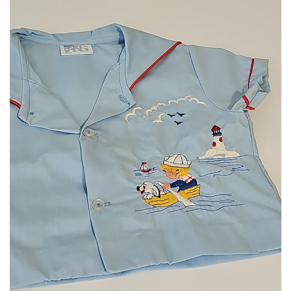 Vintage Baby Sailor Matching Shirt Shorts Set Embroidered Boat Pup Lighthouse
